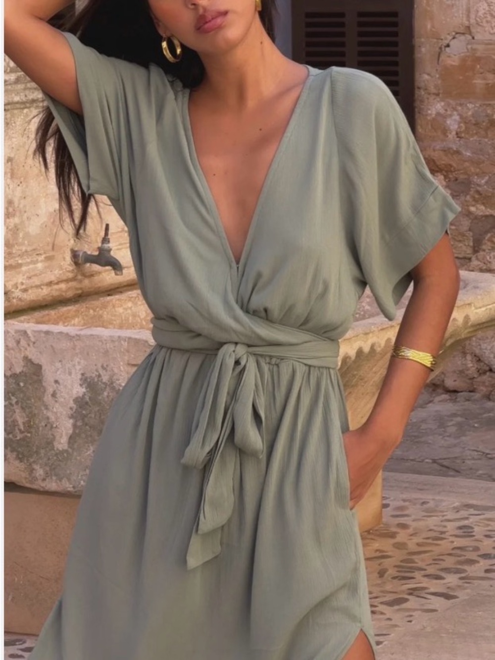 Hazel & Folk - Melody Sage Green Wrap Tie Waist Dress